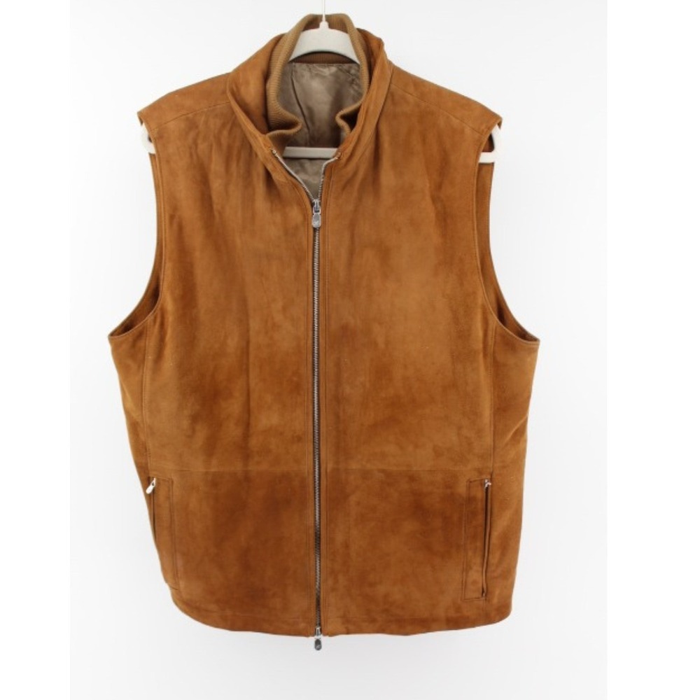 J. Hilburn Brown Suede Leather Vest Men's 44R Zip Up Sleeveless Outdoor Western